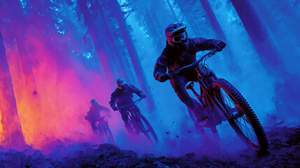 Group of cyclists racing through a forest illuminated by bright neon blue and purple light.
