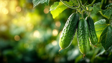Fresh green cucumbers growing on vines in a sunny garden with soft natural light.
