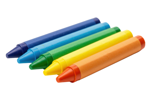 Isolated row of colorful crayons for drawing and illustrating school art projects, no background