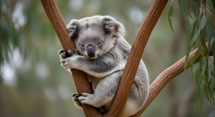 Peaceful Sleeping Koala on Eucalyptus Tree Branch.