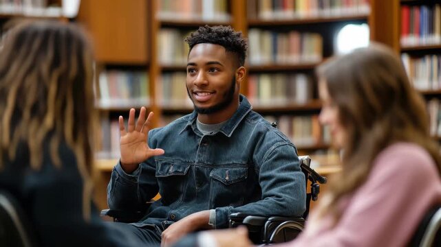 Young man engaged in discussion with peers at a library, fostering collaboration and learning during study session