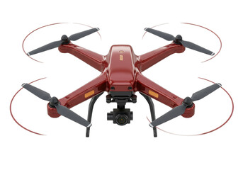 Isolated Flying red drone with a camera for taking photos and video, aerial view in studio