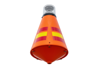 Isolated buoyant beacon with yellow and orange stripes, marker buoy, nautical hazard light