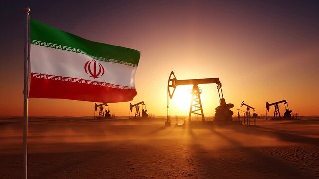 Flag waving over desert oil field. Iran flag near pumpjack silhouettes. Petroleum drilling rigs operate at sunset. Energy and industry scale equipment visible. Dusty warm light enhances atmosphere.