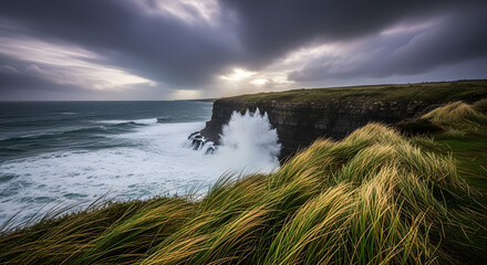 Powerful Ocean Waves Crashing Against Rugged Coastal Cliffs.