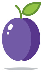 Stylized purple plum with green stem and leaf floating with a soft shadow