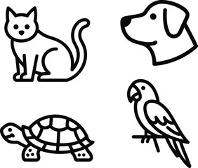 Minimalist Pet Collection Featuring Line Art of a Cat, Dog, Turtle and Parrot in a Clean and Modern Style