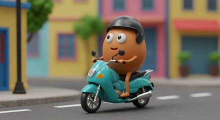 Animated anthropomorphic egg wearing a helmet rides a scooter on a sunny street with colorful buildings