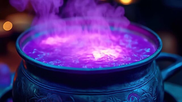 Mysterious purple potion bubbling in a darkened room with glowing steam in a mystical setting