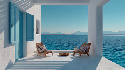 Fototapeta premium Serene Balcony View in Greece: White Architecture and Turquoise Sea.