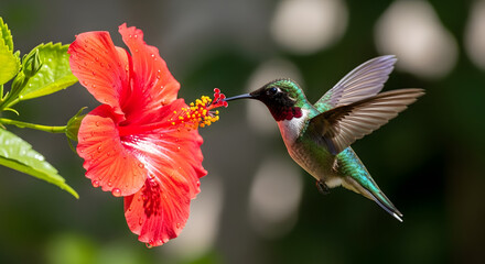 Rubythroated Hummingbird Feeding Nectar from Red Hibiscus Flower.