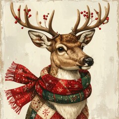 A whimsical deer with large antlers adorned with red berries and a festive patchwork scarf