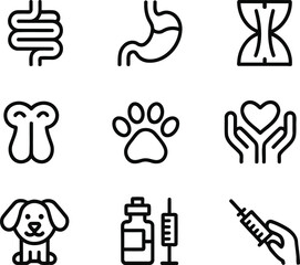 Medical and Veterinary Icons Collection Representing Health, Care, and Treatment with Anatomical Symbols, Pet Paw, Heart, and Vaccination Elements for Healthcare and Animal Welfare