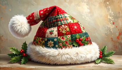 A festive quilted Santa hat adorned with holly berries and surrounded by Christmas greenery