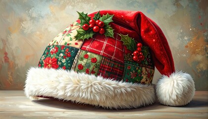 Festive quilted Santa hat with holly berries and white fur trim on a wooden surface
