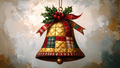 A festive quilted bell with holly berries and a plaid ribbon hangs against an abstract background