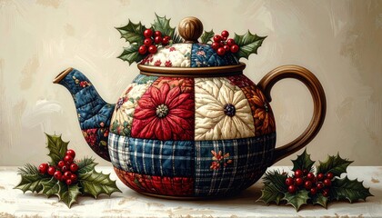 A decorative quilted teapot adorned with holly and berries featuring a patchwork of floral and plaid patterns