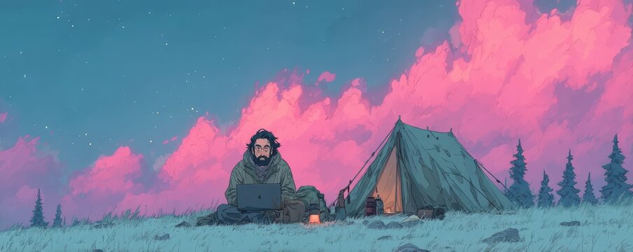 Man camping in a tent under a beautiful starry evening sky