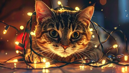 Close up portrait of a tabby cat's face peeking through glowing string lights