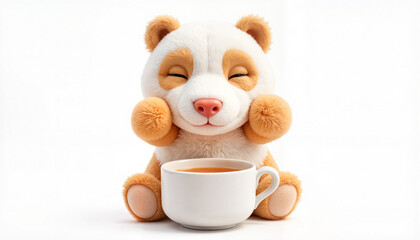 Happy plush panda enjoying a cup of tea on a clean white background