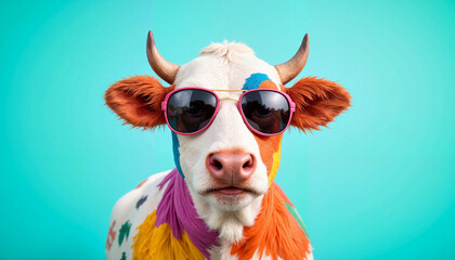 Colorful cow wearing sunglasses poses playfully against a vivid blue background