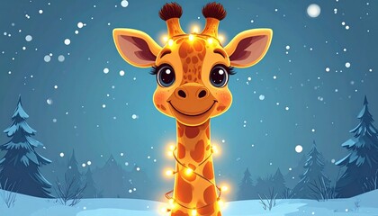 Adorable cartoon giraffe wearing festive lights in a snowy forest animal