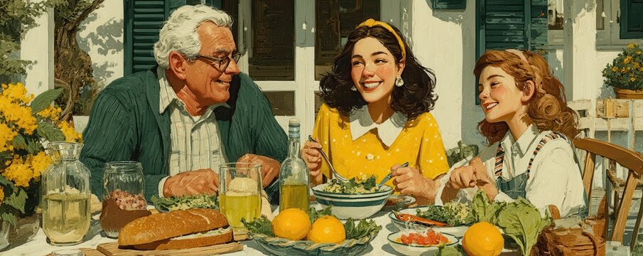 Three Generations Enjoying a Beautiful Meal Together Outdoors