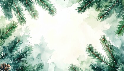 Obraz premium Lush green pine branches frame a serene watercolor background, evoking a peaceful winter ambiance