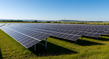 Solar Panel Field with Wind Turbines on Horizon.