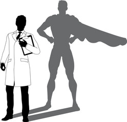 A superhero male scientist, engineer, doctor or teacher in a lab white coat man. Revealed by his shadow silhouette as a super hero in a cape.