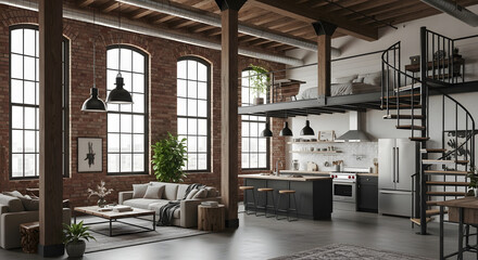 Stylish Industrial Loft Apartment Interior Design with Open Concept Living.