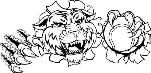 A tiger with a tennis ball sports team animal cartoon mascot