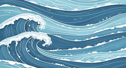 Stylized Blue Ocean Waves Pattern Background.