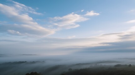 Obraz premium Misty forest valley under a serene blue sky, with soft clouds drifting above the fog-covered treetops.