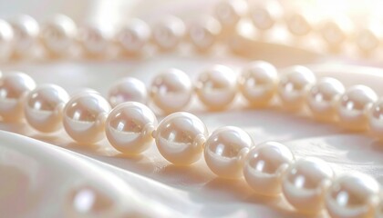 Elegant close-up of lustrous pearls draped gracefully on a soft fabric, illuminated by natural light