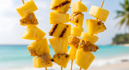 Sweet Grilled Pineapple Skewers on a Tropical Beach.