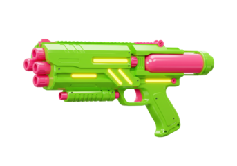 Isolated toy water blaster, vibrant green and pink, futuristic liquid shooter, studio shot