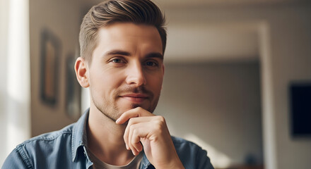 Thoughtful Young Man with Hand on Chin.