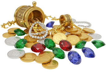 Isolated treasure chest spilling gold coins and jewelry gemstones wealth fortune, prize