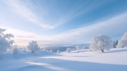 Snow-covered trees and rolling hills under a serene blue sky, evoking peace and winter quiet beauty.