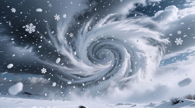 A swirling snow vortex dominates the winter sky, with delicate snowflakes dancing around its powerful spiral, evoking awe and mystery.