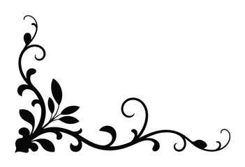 Elegant black silhouette floral corner decoration vector illustration vintage scrollwork design with leaves ornamental element scalable eps graphic silhouette vector illustration white background