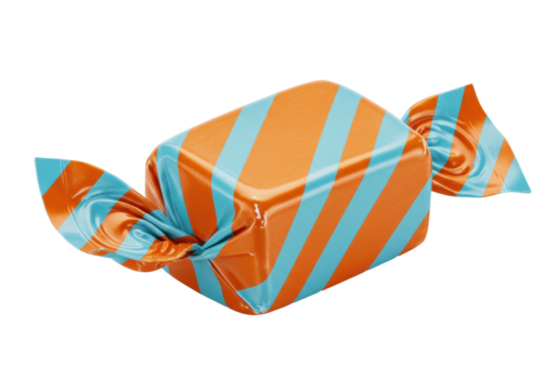 Isolated orange-and-teal striped candy or taffy wrapped in shiny paper, ready to eat
