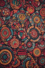 Naklejka premium Vibrant Geometric Medallion Pattern with Intricate Circular Motifs and Rich Earthy Tones
