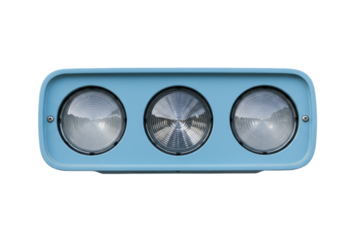 Isolated industrial floodlight unit, three lamps in a blue rectangular housing, screws visible