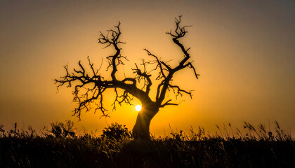 夕焼けと枯れ木