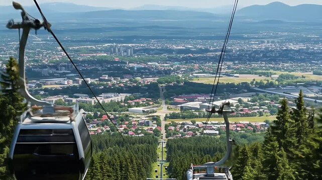 Realistic Cable Car Ride Above Green Forest Overlooking Cityscape