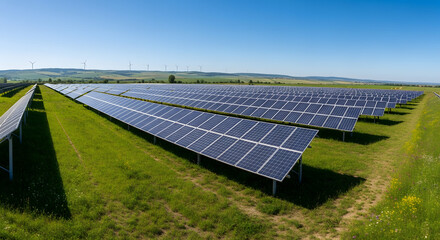 Vast Solar Panel Field and Wind Turbines Generating Clean Energy.