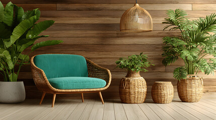 Fototapeta premium Cozy Interior with Teal Chair and Natural Accents.