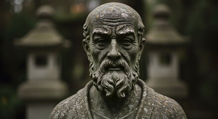 Aged stone bust of a wise-looking man with a beard in a garden setting